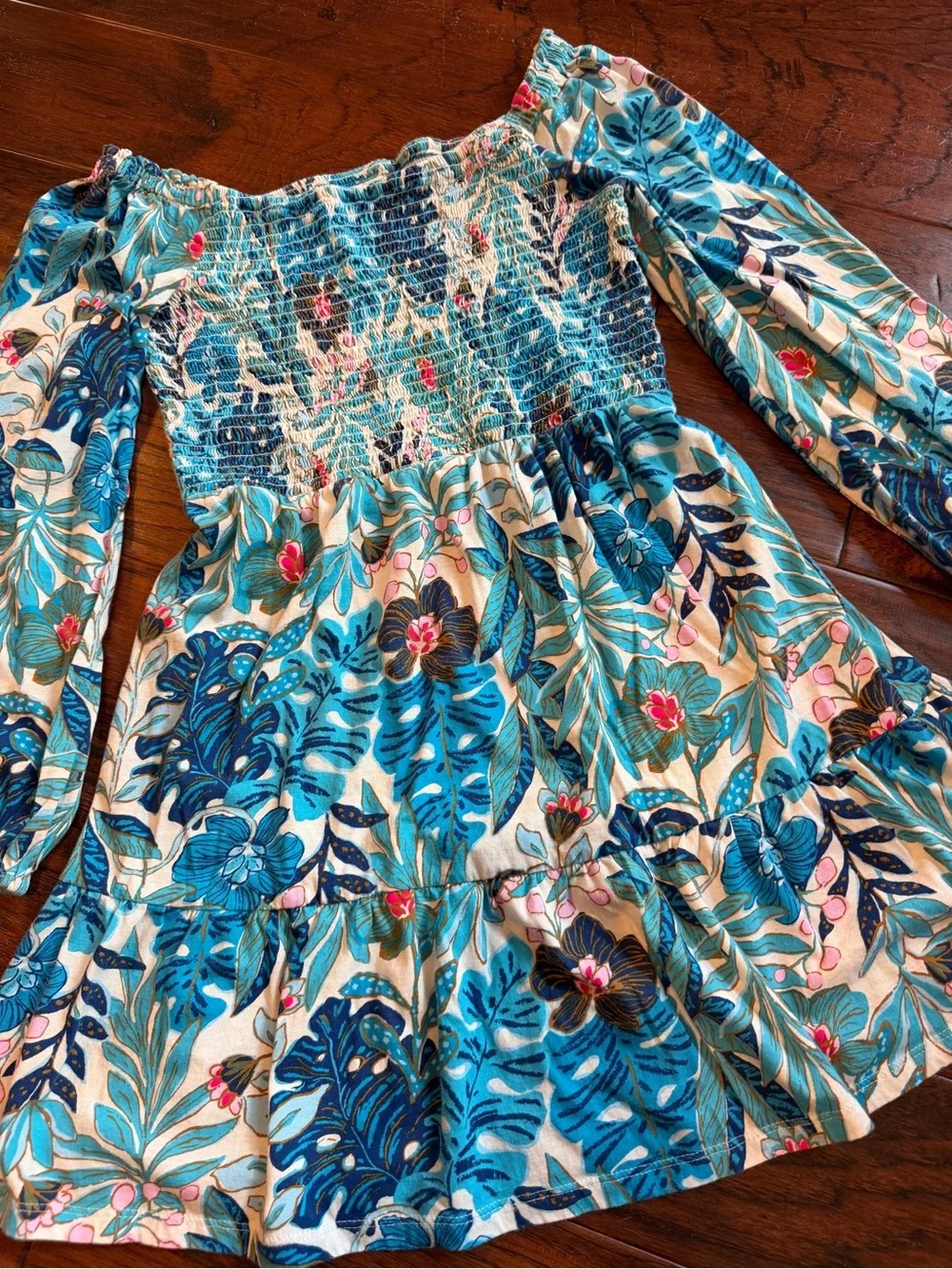 Lilly Pulitzer Blue Tropical Smocked Long-Sleeve Dress